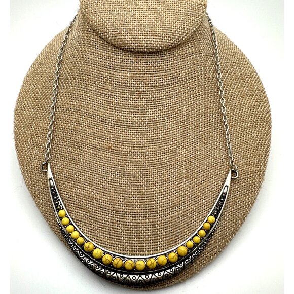 Boho Inspired Silver Tone Necklace Yellow Beads Tribal Pattern Free Spirit - Picture 2 of 8